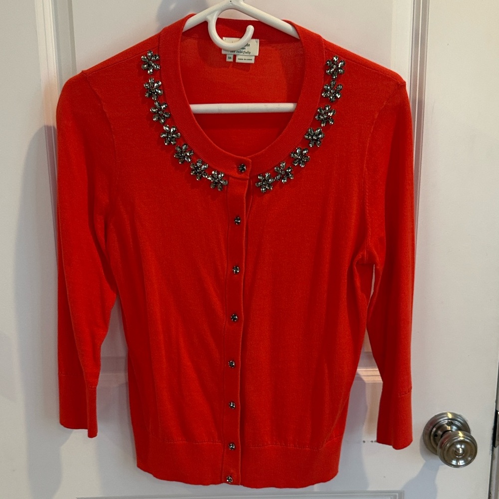 kate spade Orange Floral Jeweled-Neck Cardigan, Like New, Size M